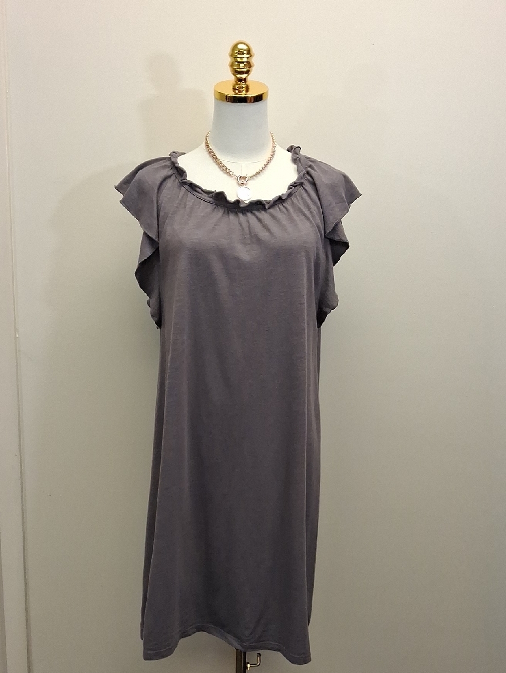 LILLA P Taupe Knit Dress Ruffle Neck Flutter Sleeve Casual Size Medium
